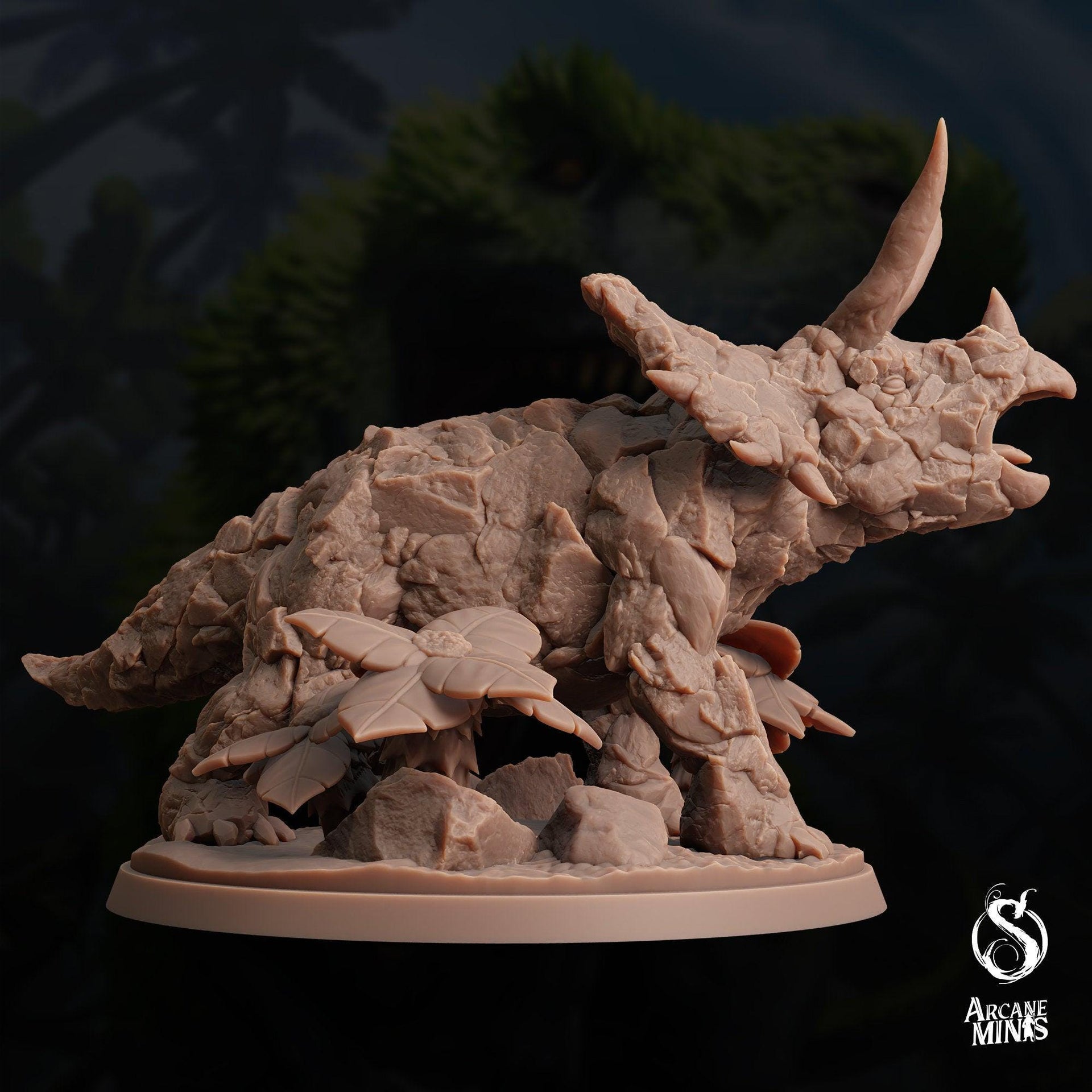 Craghorn Triceratops, Elemental Dinosaur - Arcane Minis | 32mm | Dino Domination | Rock | Stone