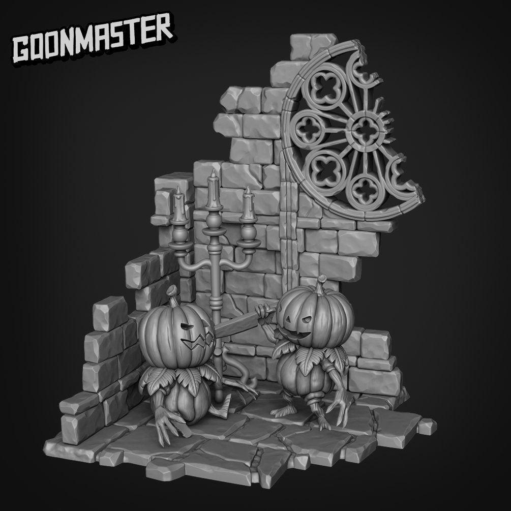 Lumpkin, Pumpkin Folk Diorama - Goonmaster | Miniature | Spooky Town | Wargaming | Roleplaying Games | 32mm | Jack-o-lantern | Chapel