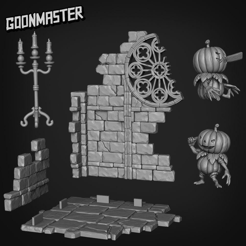 Lumpkin, Pumpkin Folk Diorama - Goonmaster | Miniature | Spooky Town | Wargaming | Roleplaying Games | 32mm | Jack-o-lantern | Chapel