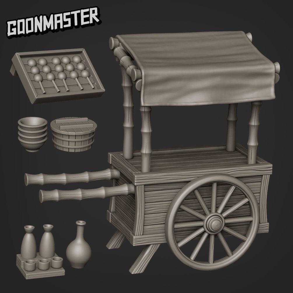 Portable Market Stall - Goonmaster | Miniature | Wargaming | Roleplaying Games | 32mm | Cart | Dango | Takoyaki | Sake | Steaming Basket