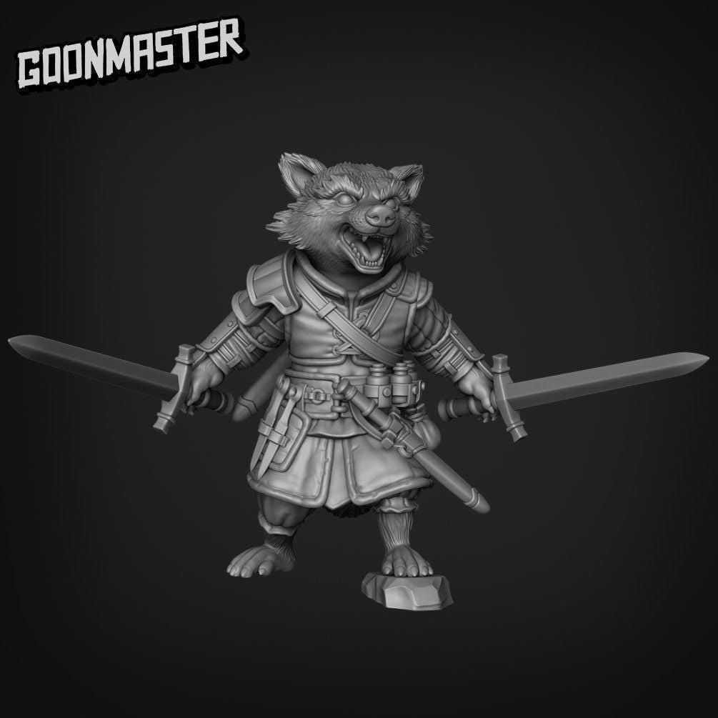 Racoon Rogue - Goonmaster | Rogueish Racoons Miniature | Wargaming | Roleplaying Games | 32mm | Fighter | Bandit | Mercenary