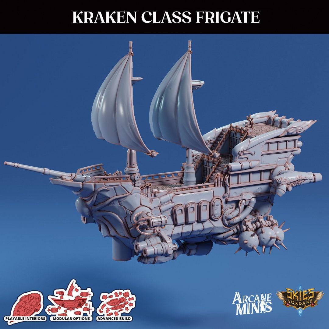 Kraken Class Frigate - Arcane Minis | 32mm | Destroyer | Airship | Sails | Pirate Ship