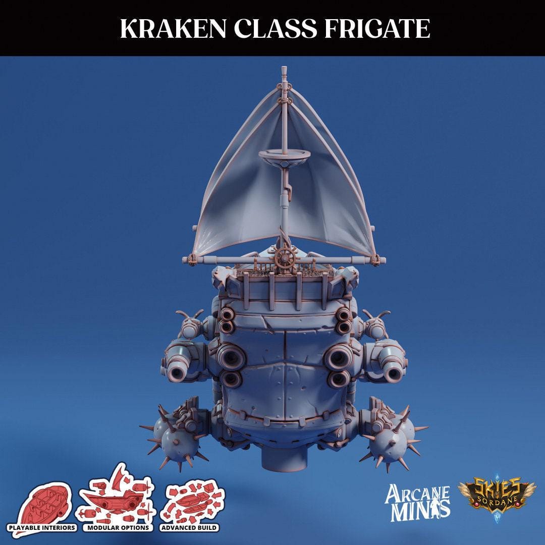 Kraken Class Frigate - Arcane Minis | 32mm | Destroyer | Airship | Sails | Pirate Ship