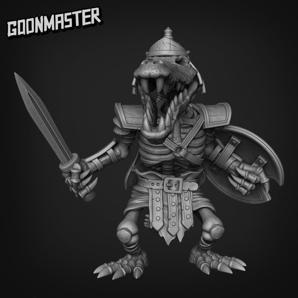 Crocodile Skeleton Warrior - Goonmaster | Miniature | Gruff Goats | Wargaming | Roleplaying Games | 32mm | Spear | Sword
