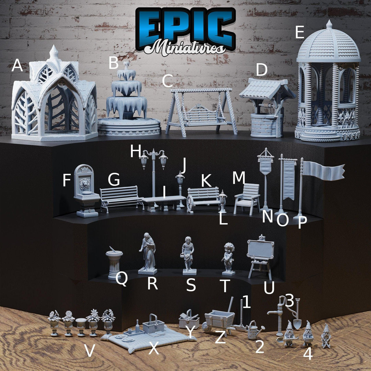 Chivalry Garden Scatter Terrain - Epic Miniatures | Ninth Age | 32mm | Gazebo | Bench | Light | Statue | Tools | Picnic | Well | Fountain