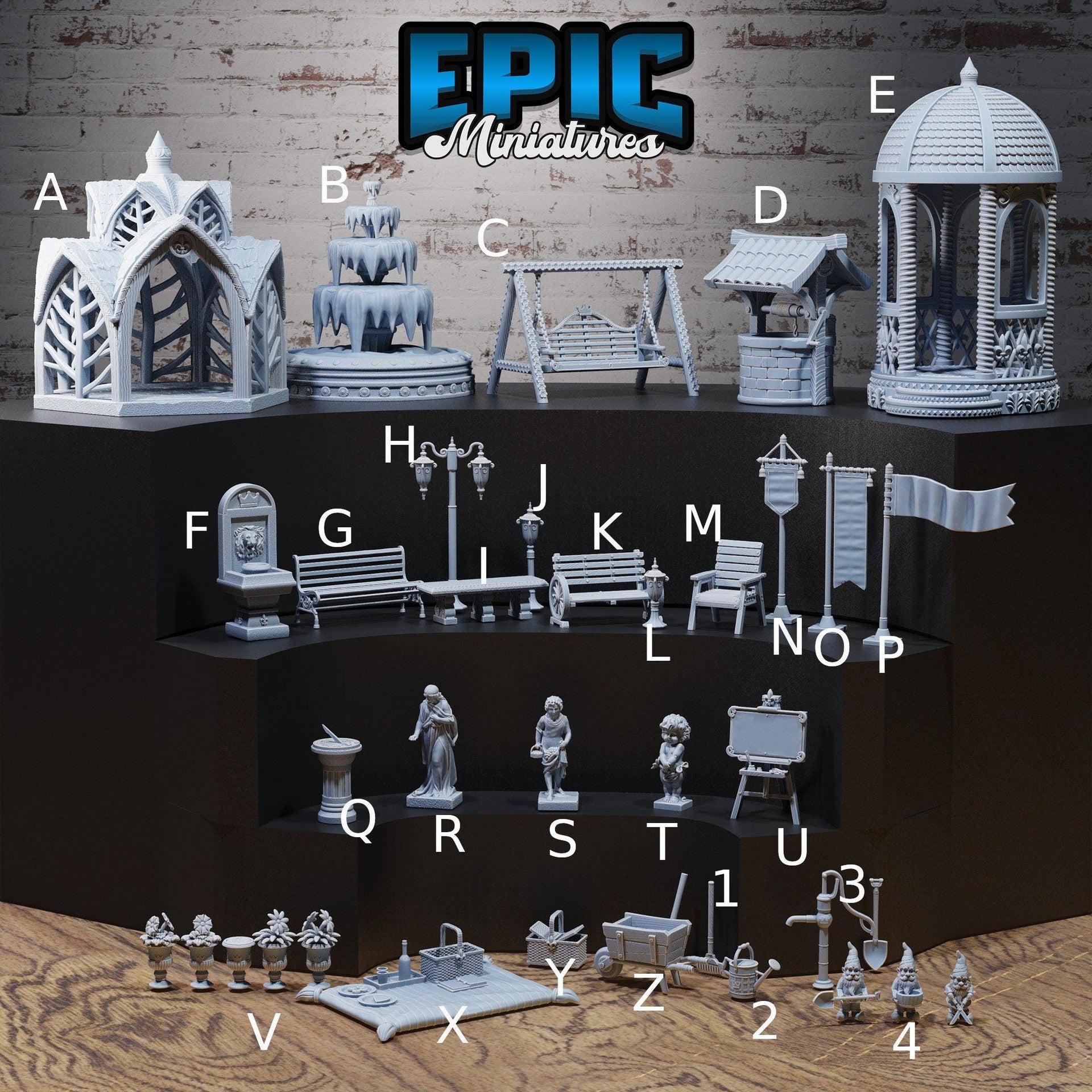 Chivalry Garden Scatter Terrain - Epic Miniatures | Ninth Age | 32mm | Gazebo | Bench | Light | Statue | Tools | Picnic | Well | Fountain