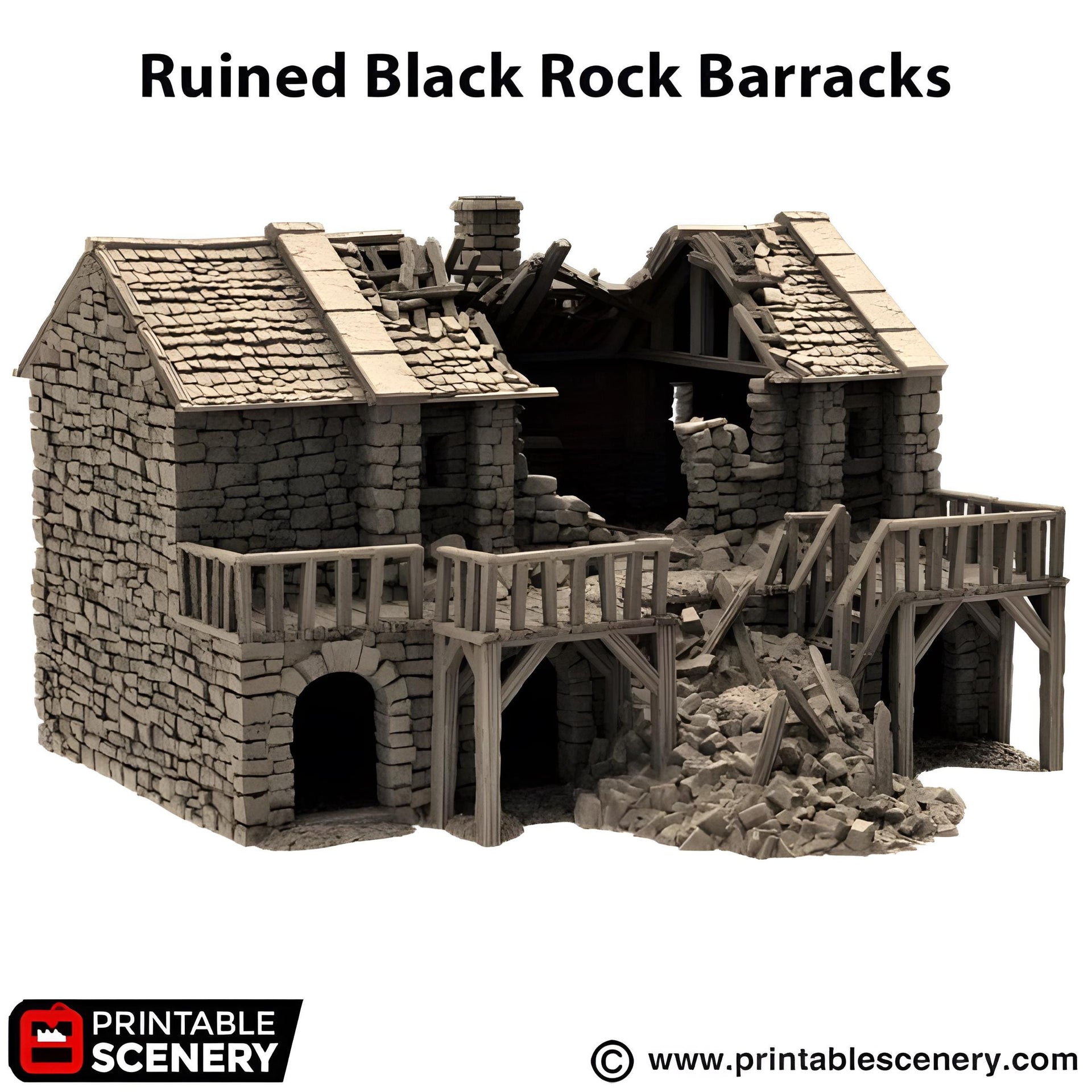Ruined Black Rock Barracks. King and Country, 15mm, 28mm, 32mm - Printable Scenery | 28mm and 32mm | Wargaming | DnD | Tabletop Roleplaying