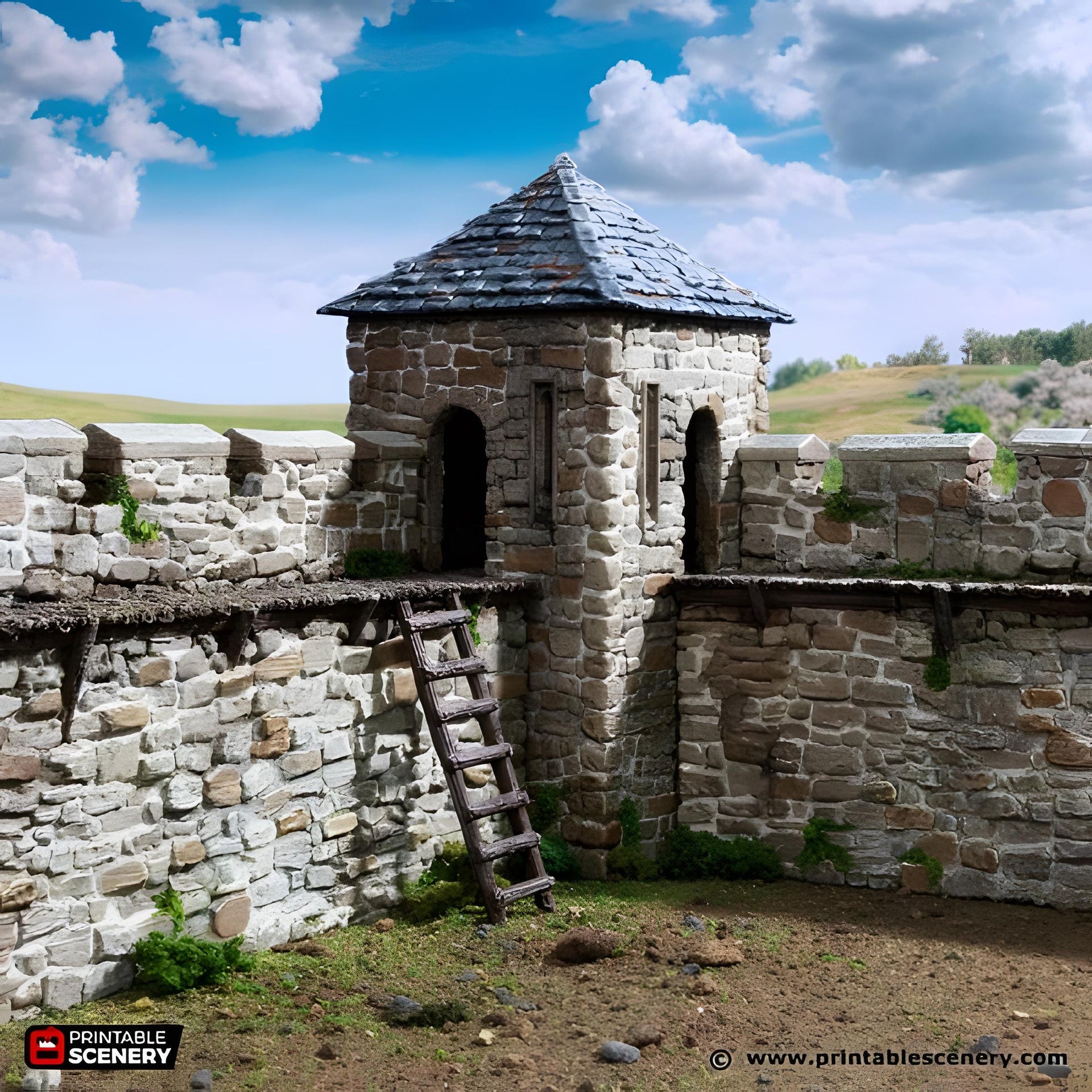 Norman Fort Walls Corner Tower. King and Country, 15mm, 28mm, 32mm - Printable Scenery