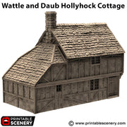 Wattle and Daub Hollyhock Cottage. King and Country, 15mm, 28mm, 32mm - Printable Scenery