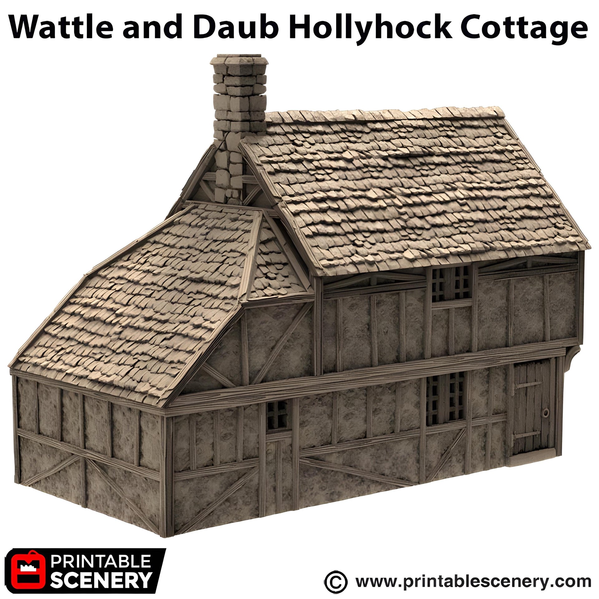 Wattle and Daub Hollyhock Cottage. King and Country, 15mm, 28mm, 32mm - Printable Scenery