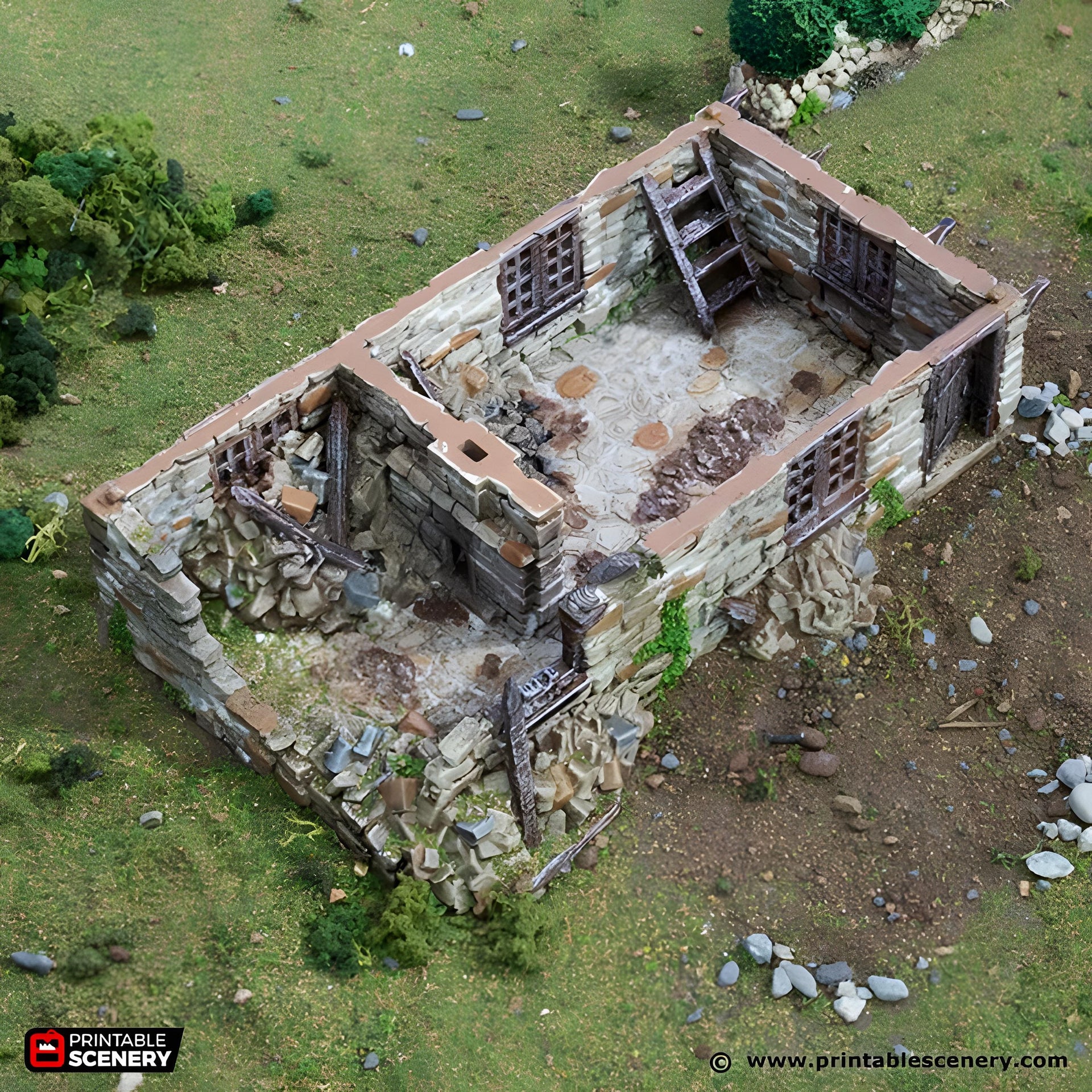 Ruined Hollyhock Cottage. King and Country, 15mm, 28mm, 32mm - Printable Scenery | 28mm and 32mm | Wargaming | DnD | Tabletop Roleplaying