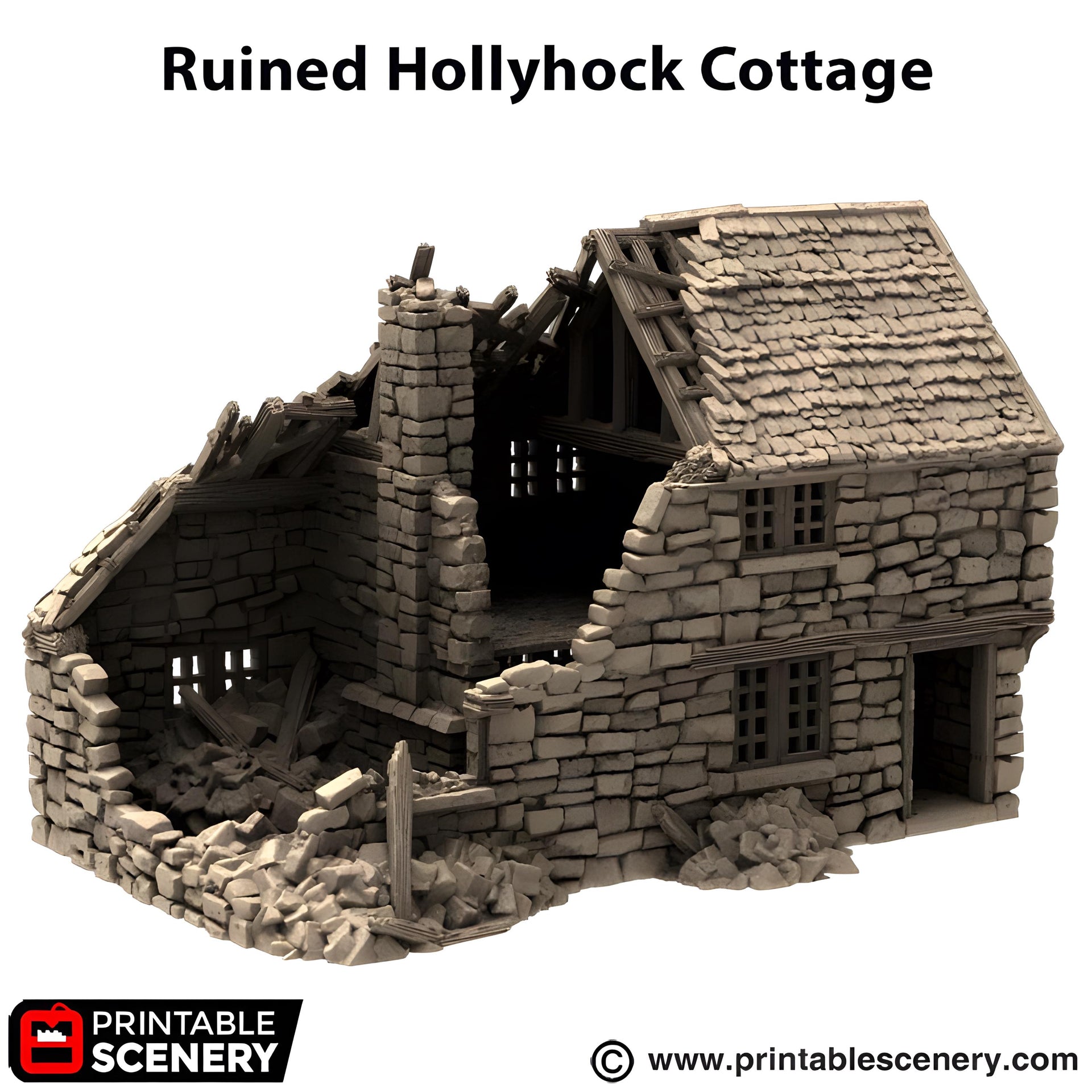 Ruined Hollyhock Cottage. King and Country, 15mm, 28mm, 32mm - Printable Scenery | 28mm and 32mm | Wargaming | DnD | Tabletop Roleplaying