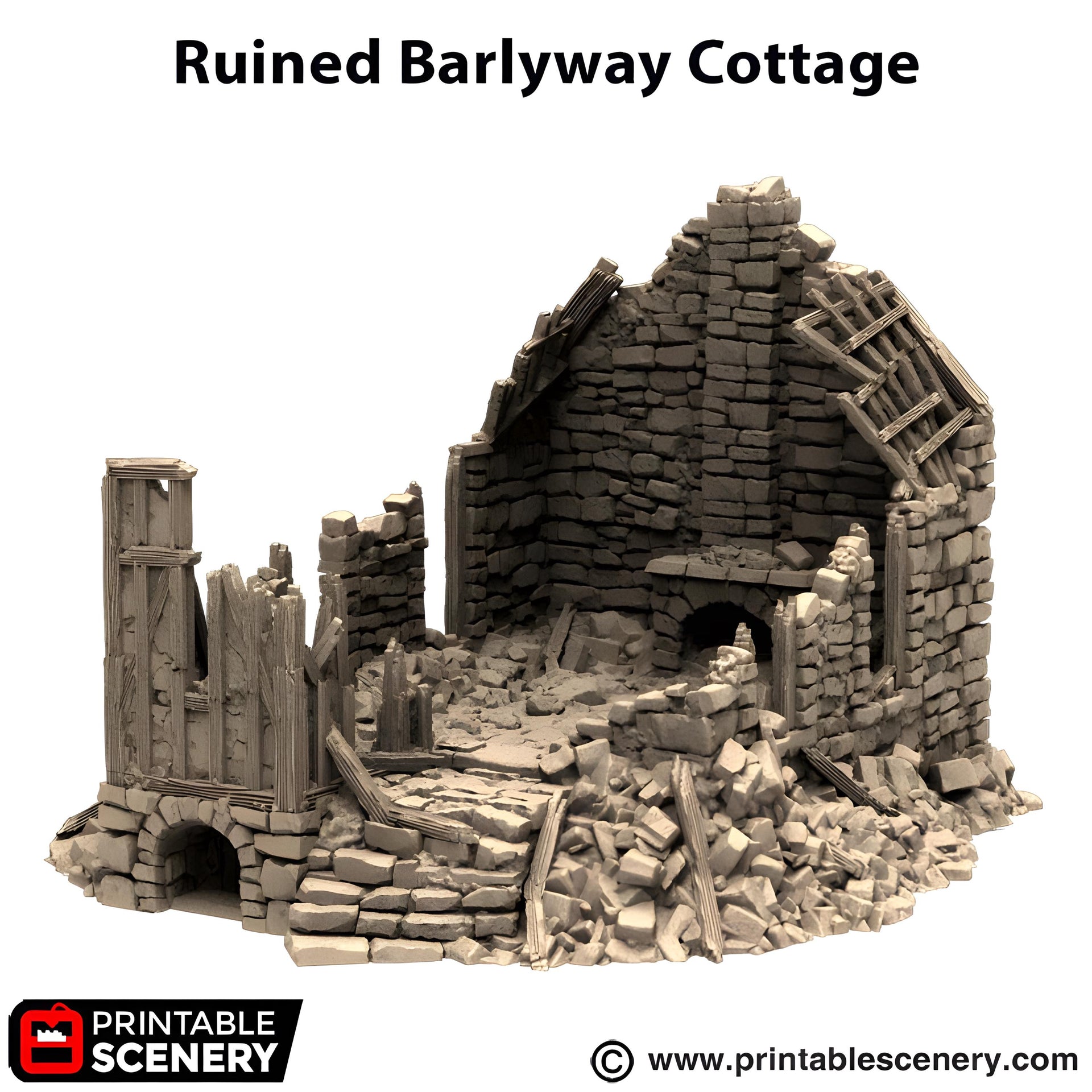 Ruined Barlyway Cottage. King and Country, 15mm, 28mm, 32mm - Printable Scenery | 28mm and 32mm | Wargaming | DnD | Tabletop Roleplaying
