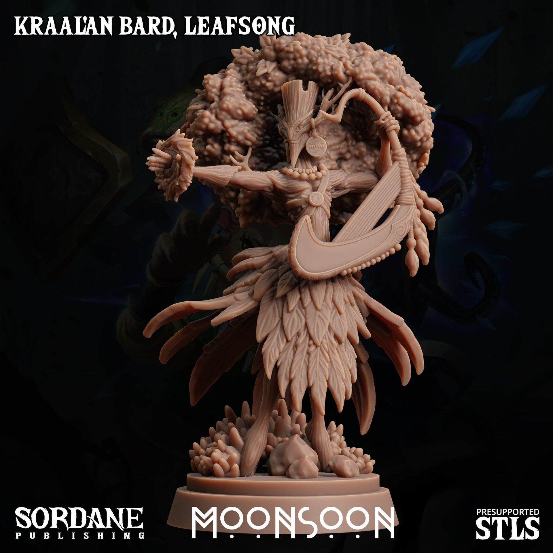 Kraalan Bard Leafsong. Tree Folk Musician - Sordane Publishing | 28mm and 32mm | Wargaming | DnD | Tabletop Roleplaying