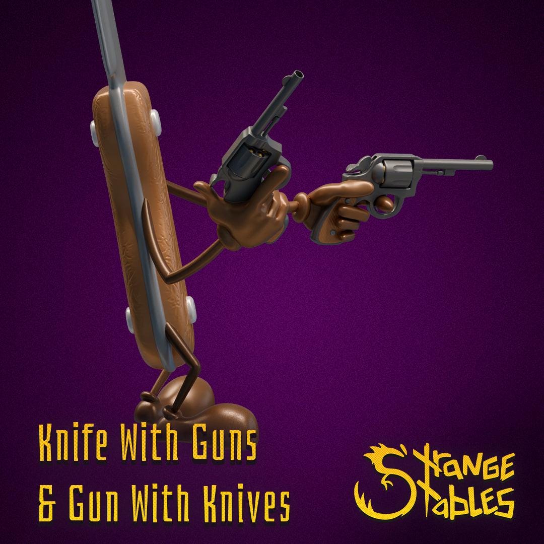 Gun with Knives, and Knife with Guns - Strange Stables | 28mm and 32mm | Wargaming | DnD | Tabletop Roleplaying
