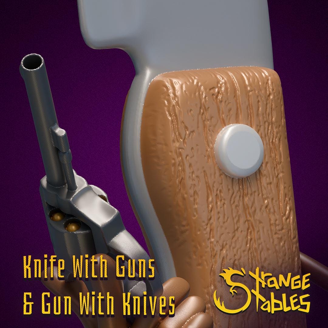 Gun with Knives, and Knife with Guns - Strange Stables | 28mm and 32mm | Wargaming | DnD | Tabletop Roleplaying