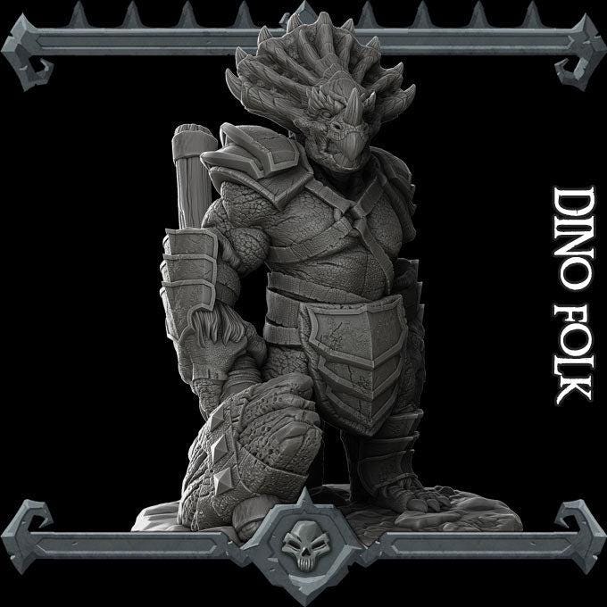 Dino folk, Triceratops Warrior - Rocket Pig Games | 28mm and 32mm | Wargaming | DnD | Tabletop Roleplaying