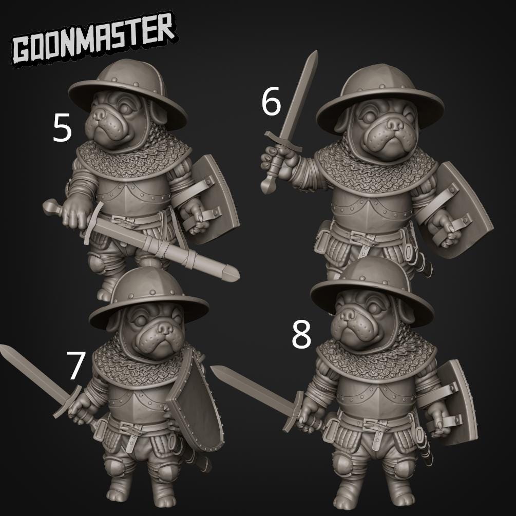 Battle Pugs. Pug Knights with Swords - Goonmaster | 28mm and 32mm | Wargaming | DnD | Tabletop Roleplaying