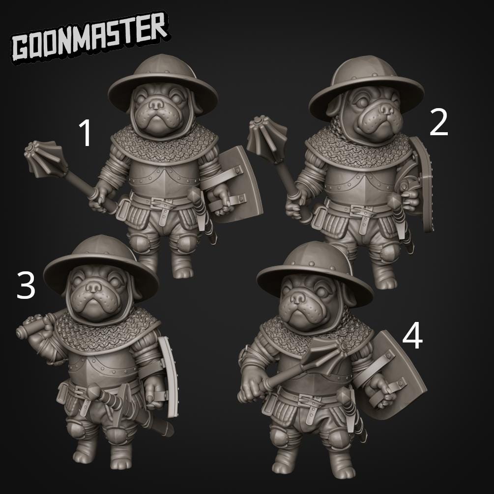 Battle Pugs. Pug Knights with Maces - Goonmaster | 28mm and 32mm | Wargaming | DnD | Tabletop Roleplaying