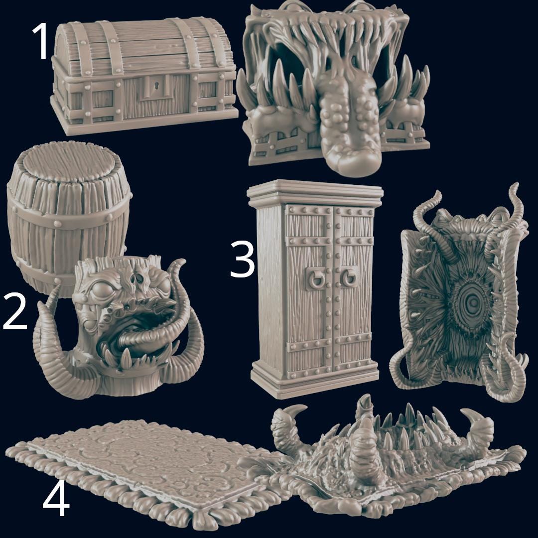 Mimics! Chest, Barrel, Armoire, and Rug - Ec3d | 28mm and 32mm | Wargaming | DnD | Tabletop Roleplaying