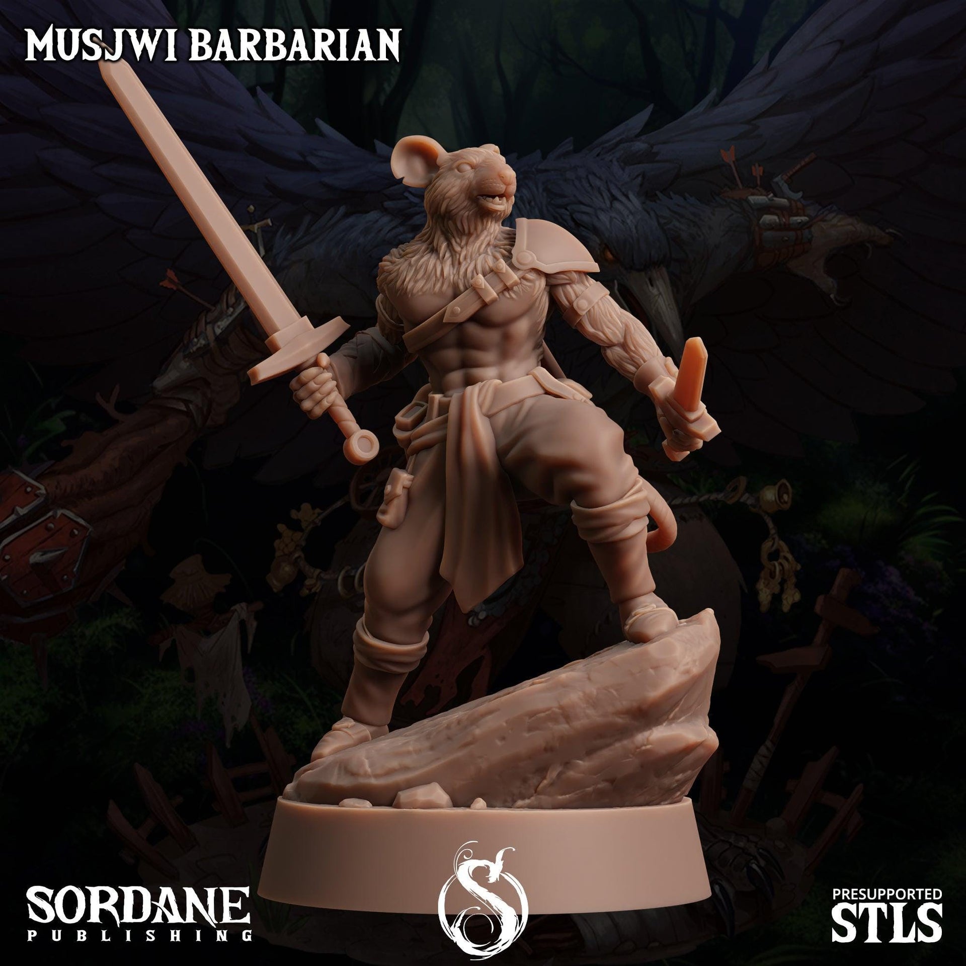 Musjwi Barbarian, Mousefolk Champion - Sordane Publishing | 28mm and 32mm | Wargaming | DnD | Tabletop Roleplaying