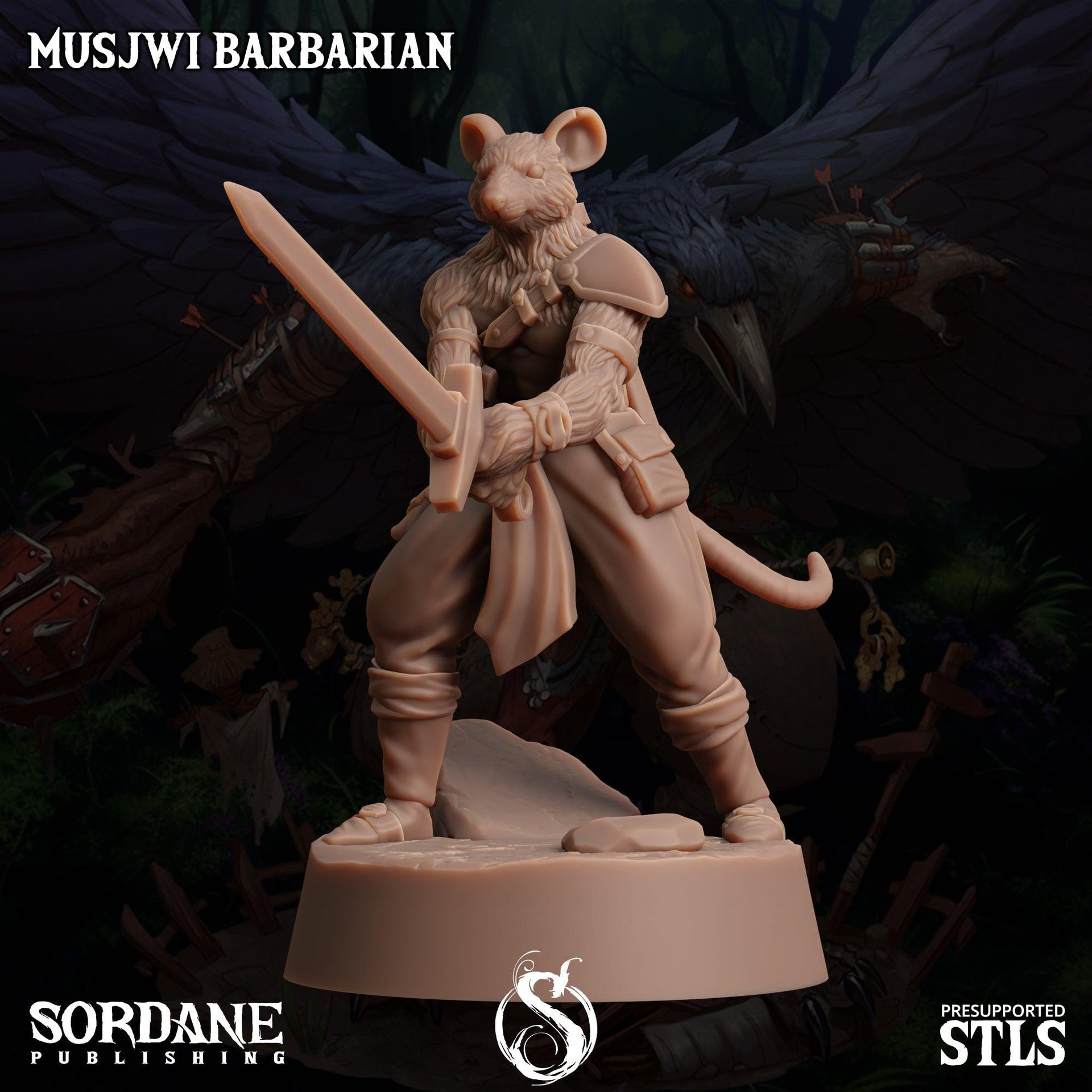 Musjwi Barbarian, Mousefolk Champion - Sordane Publishing | 28mm and 32mm | Wargaming | DnD | Tabletop Roleplaying