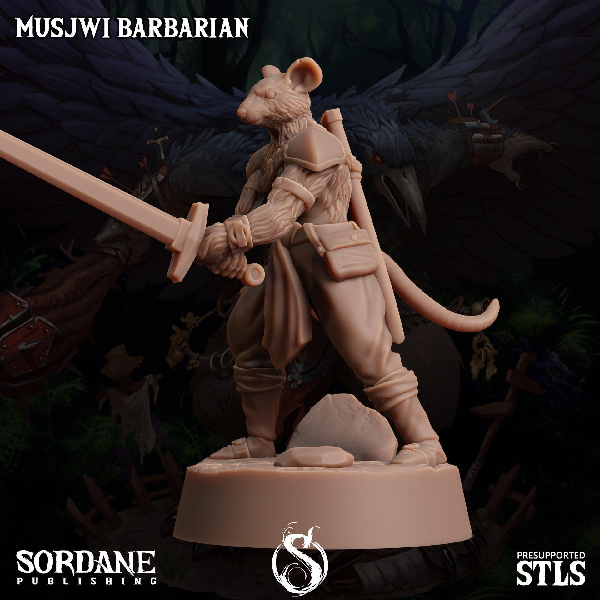 Musjwi Barbarian, Mousefolk Champion - Sordane Publishing | 28mm and 32mm | Wargaming | DnD | Tabletop Roleplaying