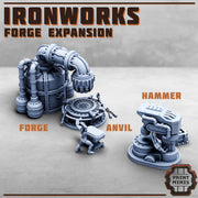 Ironworks Expansion, Blacksmith, Forge, and Power Hammer- Print Minis | 28mm and 32mm | Wargaming | DnD | Tabletop Roleplaying