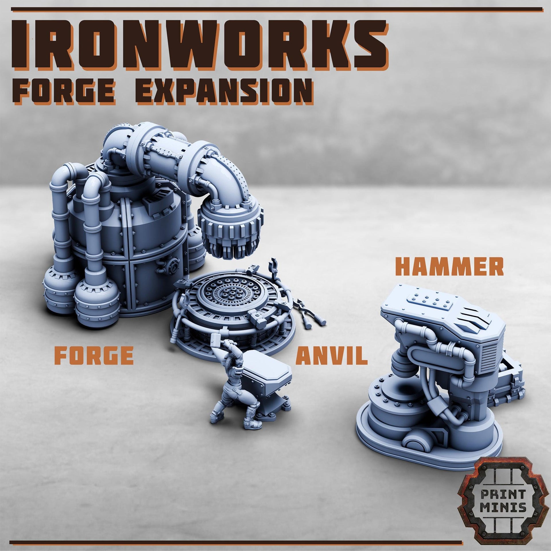 Ironworks Expansion, Blacksmith, Forge, and Power Hammer- Print Minis | 28mm and 32mm | Wargaming | DnD | Tabletop Roleplaying