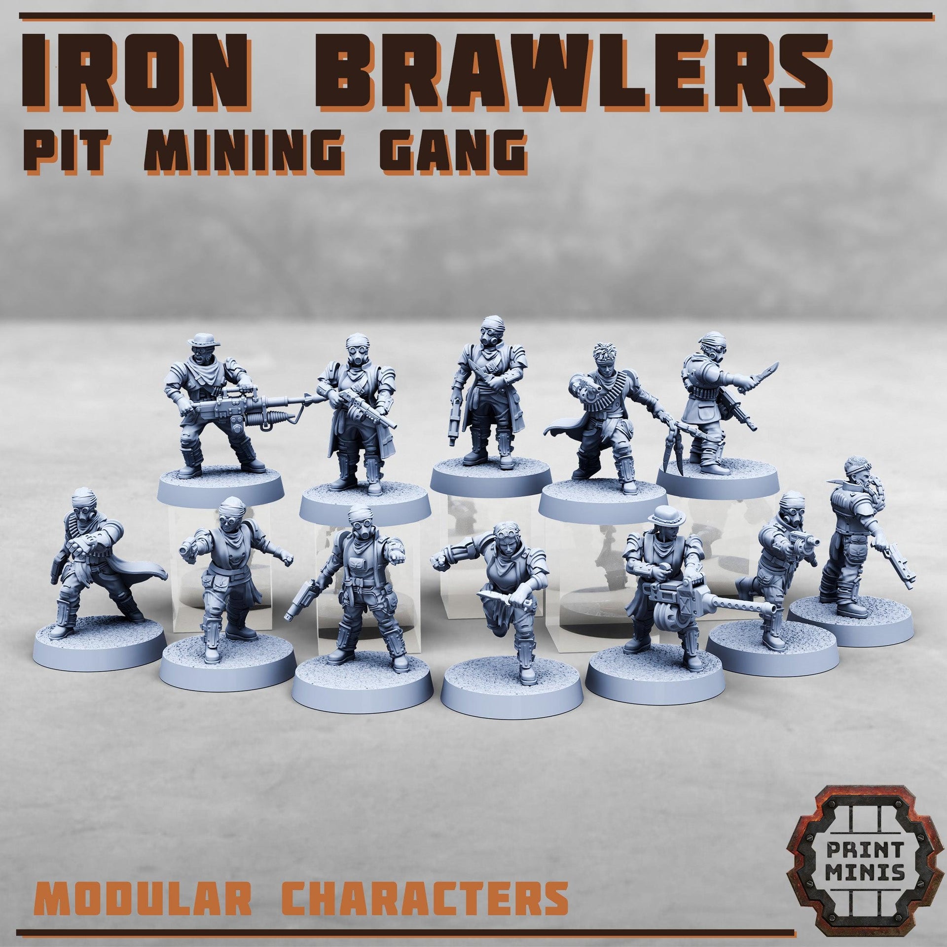 Iron Brawlers, Modular Pit Mining gang - Print Minis | 28mm and 32mm | Wargaming | DnD | Tabletop Roleplaying