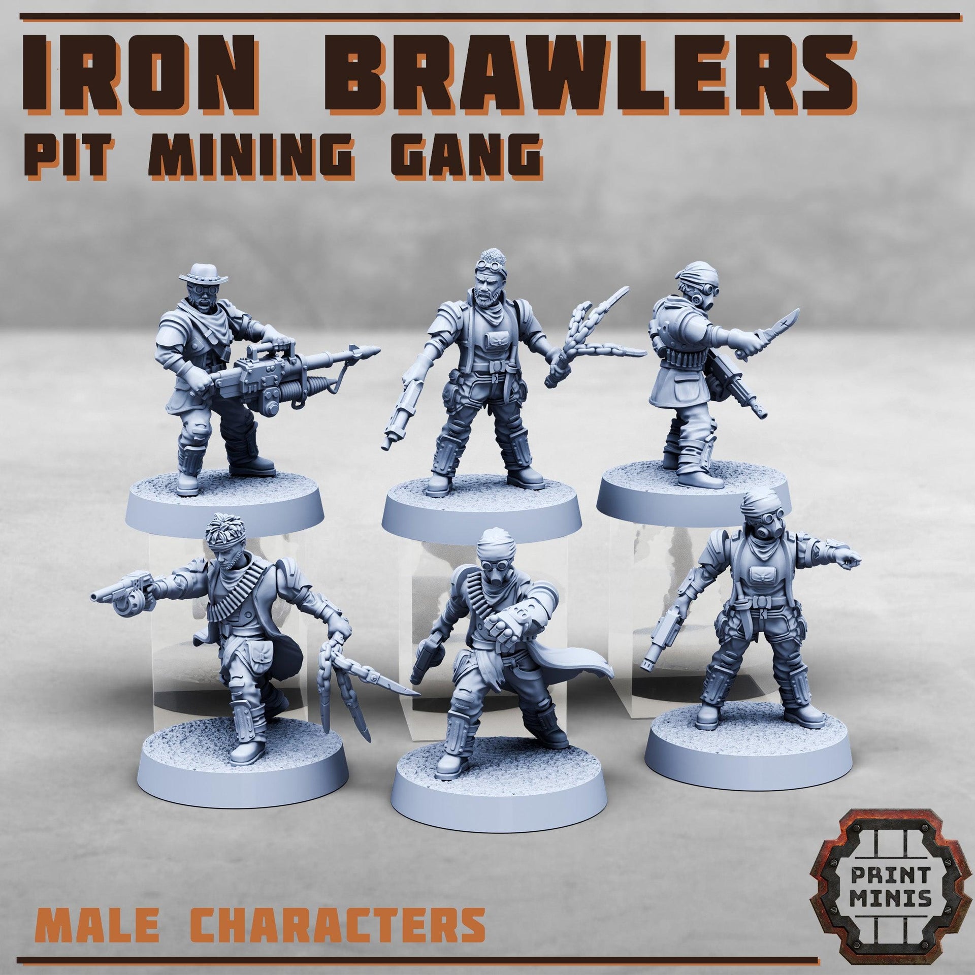 Iron Brawlers, Modular Pit Mining gang - Print Minis | 28mm and 32mm | Wargaming | DnD | Tabletop Roleplaying
