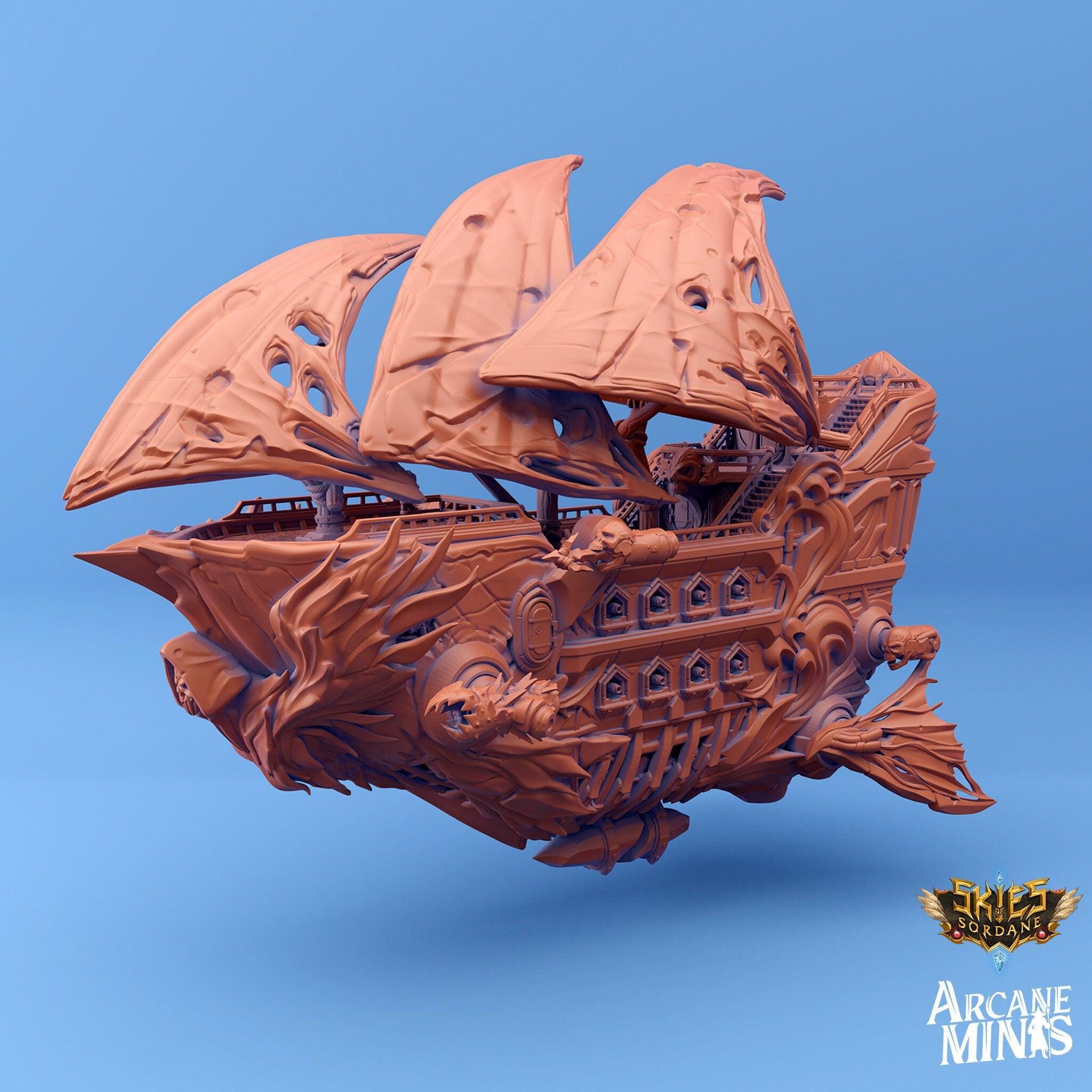 Carcassite airship, Umierta Undead - Arcane Minis | 32mm | Destroyer | Sails | Pirate Ship | Ghost Ship
