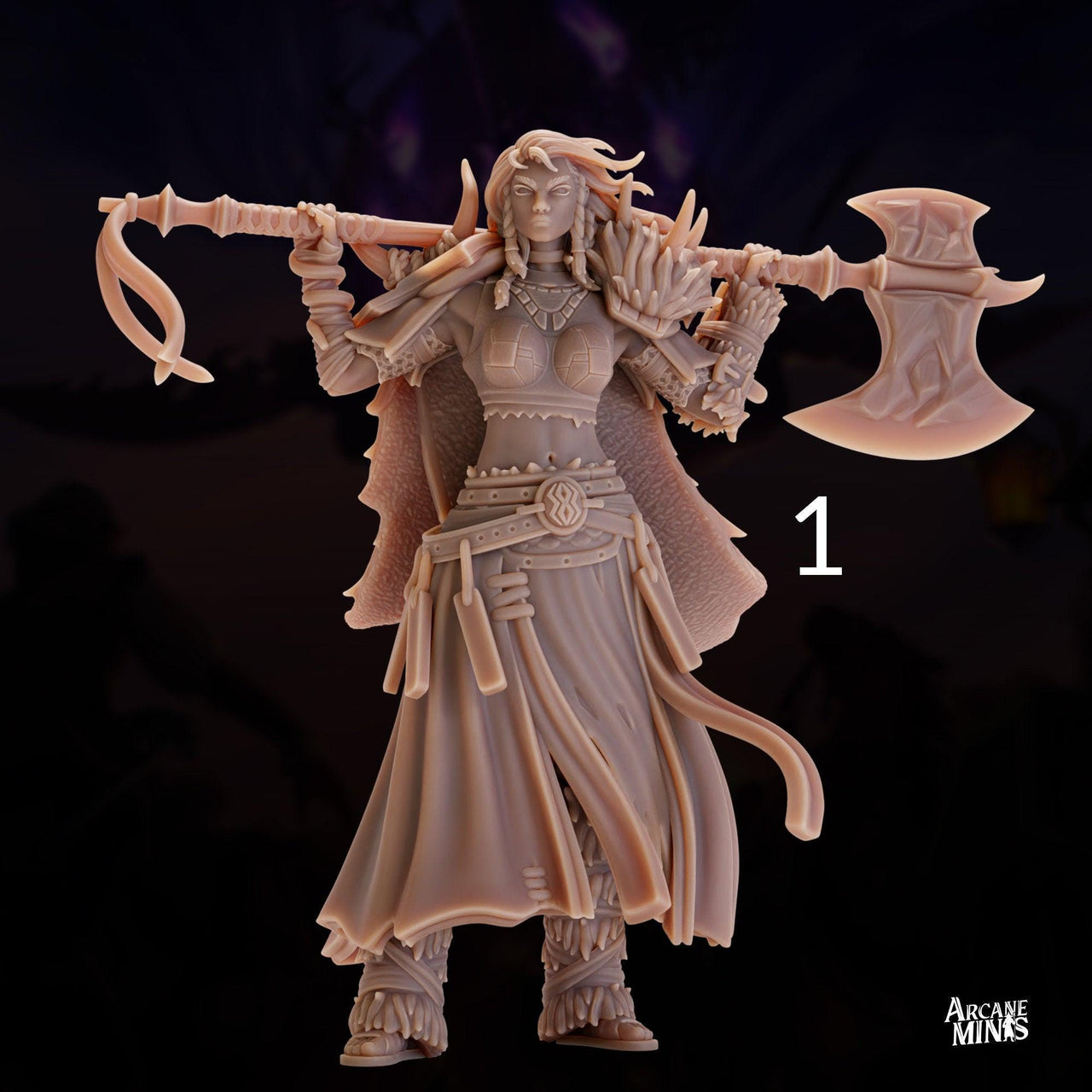 Human Frost Barbarian, Female - Arcane Minis | 32mm | Raiders of Ruin | Axe | Fighter | Skyboard | Airship