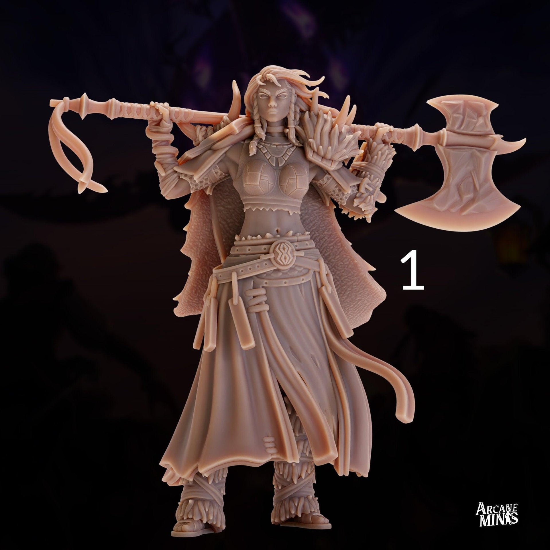 Human Frost Barbarian, Female - Arcane Minis | 32mm | Raiders of Ruin | Axe | Fighter | Skyboard | Airship