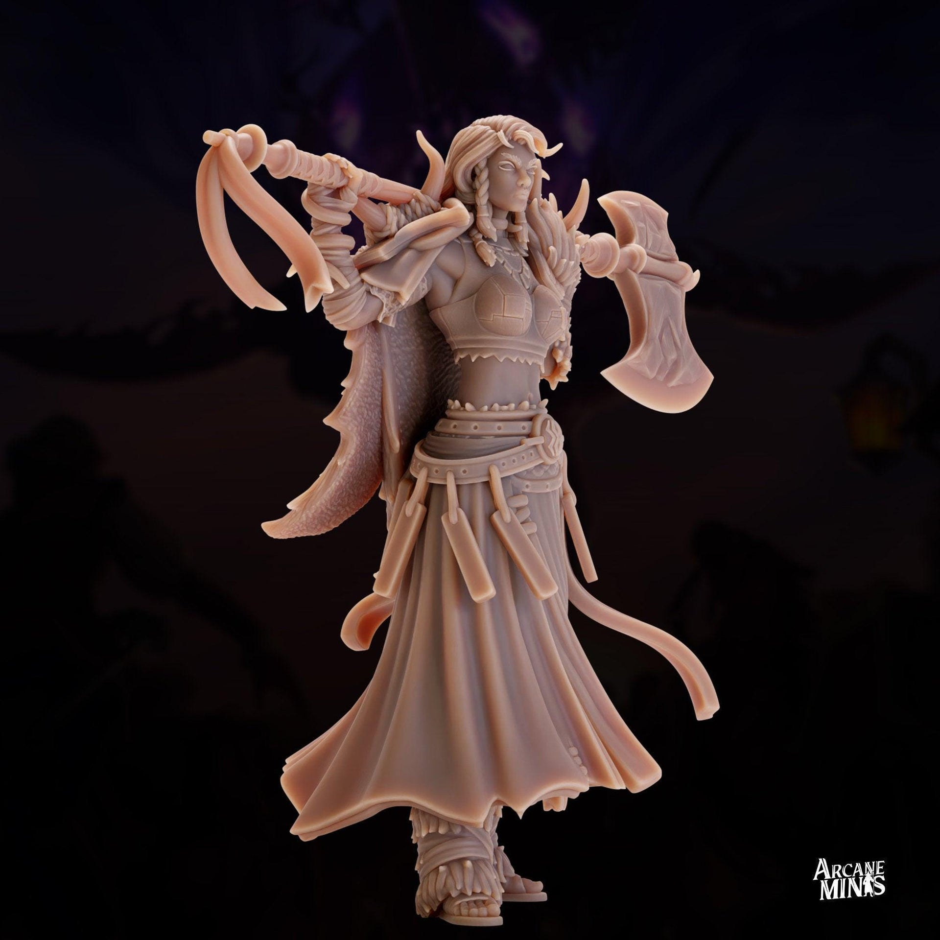 Human Frost Barbarian, Female - Arcane Minis | 32mm | Raiders of Ruin | Axe | Fighter | Skyboard | Airship