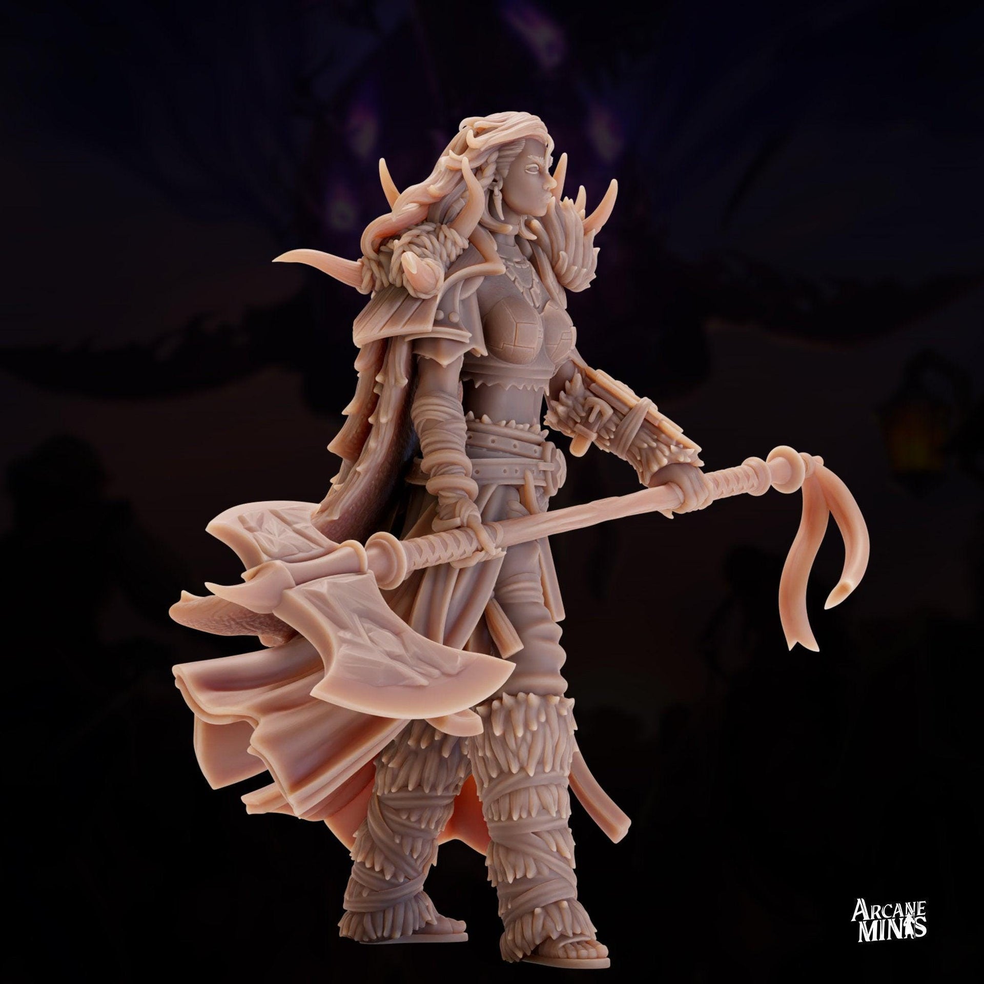 Human Frost Barbarian, Female - Arcane Minis | 32mm | Raiders of Ruin | Axe | Fighter | Skyboard | Airship