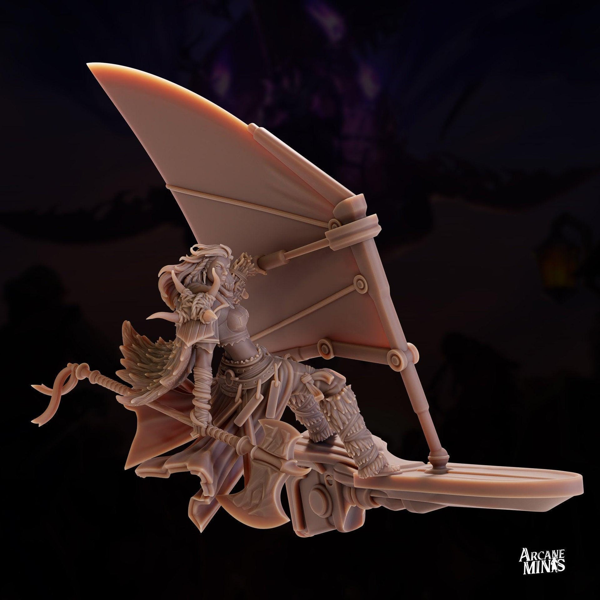 Human Frost Barbarian, Female - Arcane Minis | 32mm | Raiders of Ruin | Axe | Fighter | Skyboard | Airship