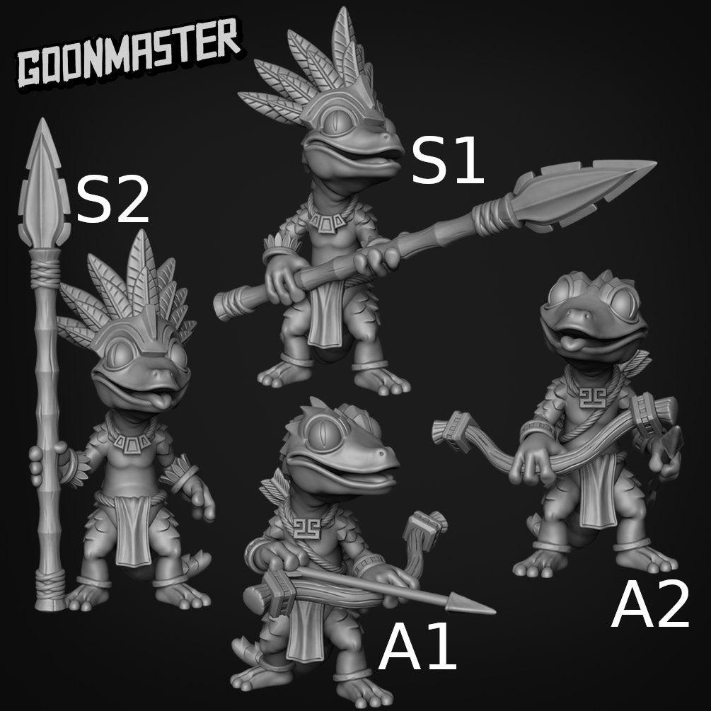 Gecko Warrior - Goonmaster | Miniature | Wargaming | Roleplaying Games | 32mm | Aztec | Lizard | Ranger | Guard | Spear | Archer