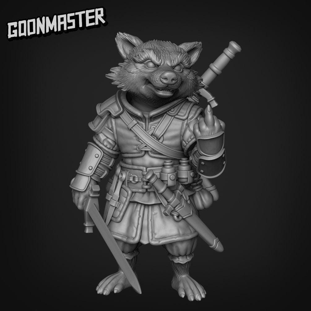 Racoon Rogue - Goonmaster | Rogueish Racoons Miniature | Wargaming | Roleplaying Games | 32mm | Fighter | Bandit | Mercenary