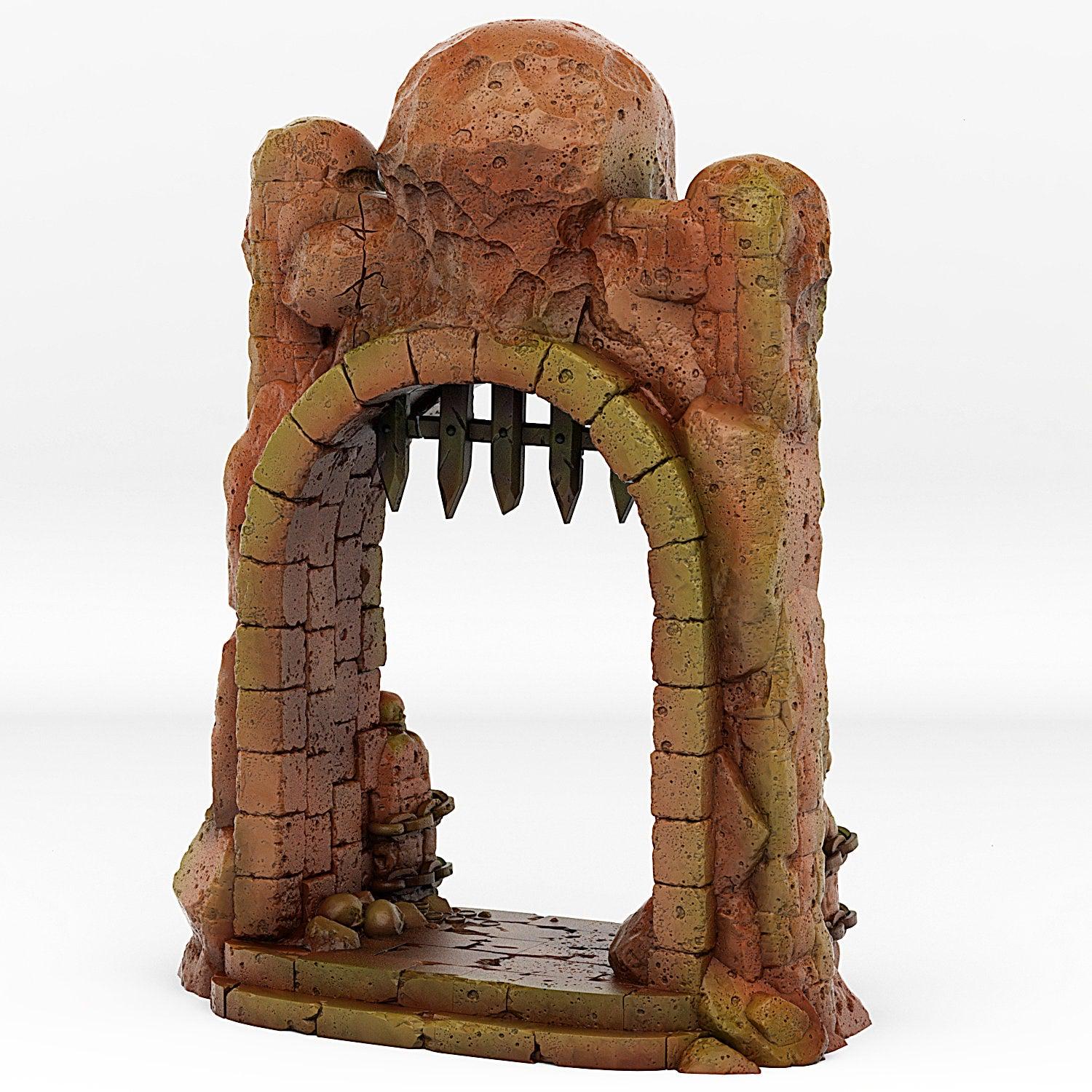 Dungeon Entrance Portal With Its Burning Effect - Print Your Monsters, Fantastic Portals | 32mm | portcullis | Skull