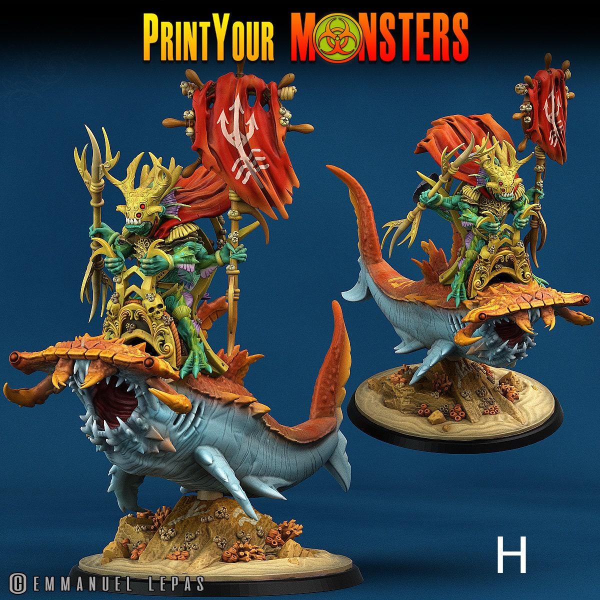 Mutant Shark Riders - Print Your Monsters | D&D  | 32mm | Sea Monster | Hammerhead | Fishfolk