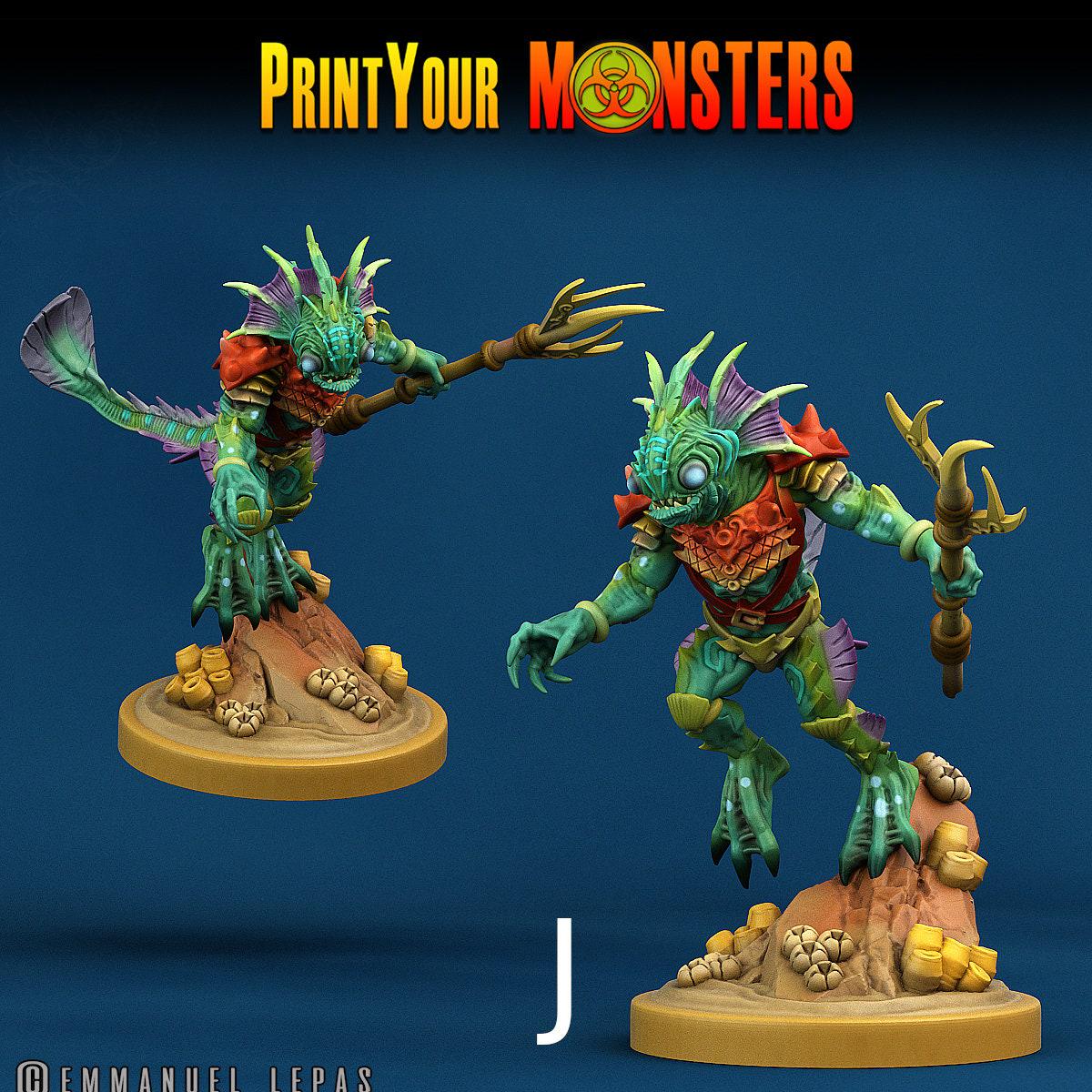 Searakin, Fish folk Warriors - Print Your Monsters | D&D  | 32mm | Mermen | Fishfolk | Deapsea
