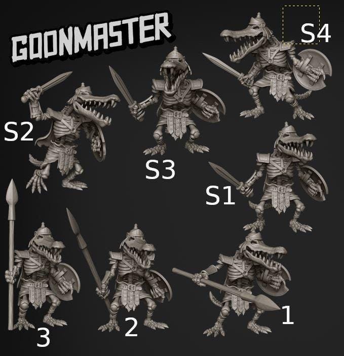 Crocodile Skeleton Warrior - Goonmaster | Miniature | Gruff Goats | Wargaming | Roleplaying Games | 32mm | Spear | Sword