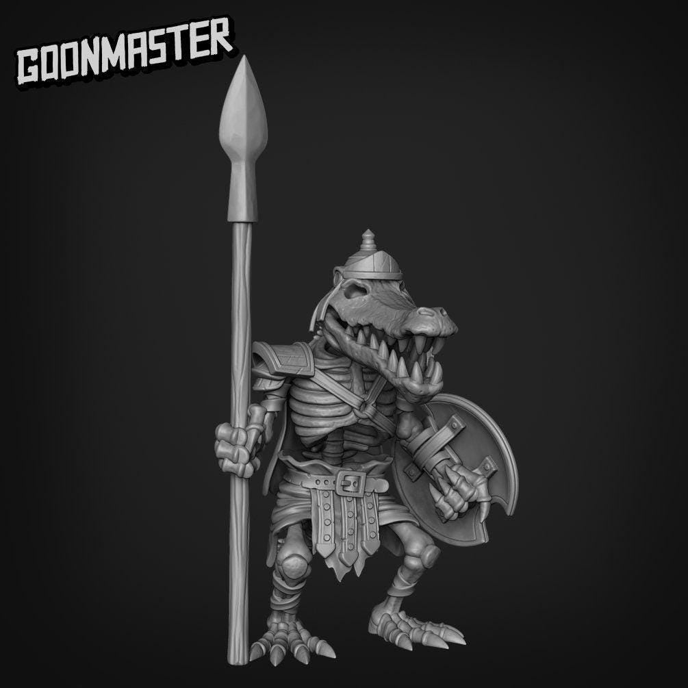 Crocodile Skeleton Warrior - Goonmaster | Miniature | Gruff Goats | Wargaming | Roleplaying Games | 32mm | Spear | Sword