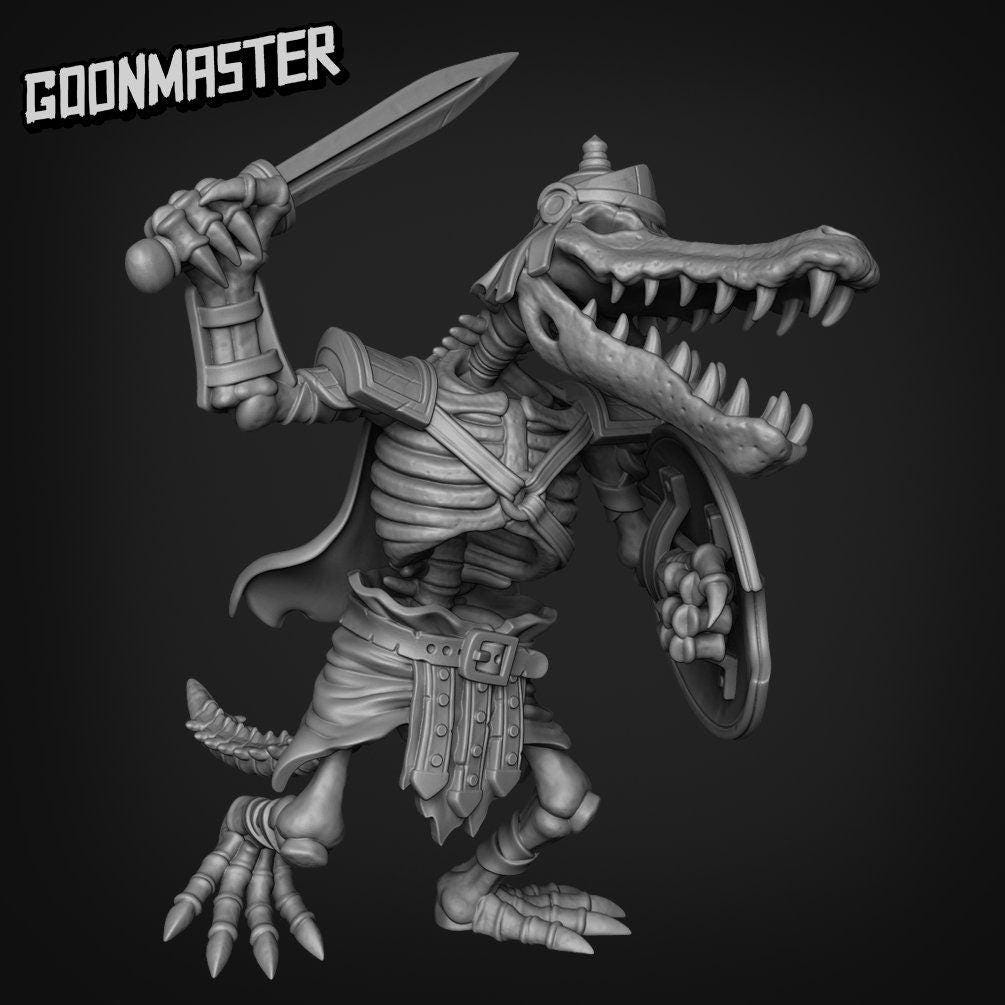 Crocodile Skeleton Warrior - Goonmaster | Miniature | Gruff Goats | Wargaming | Roleplaying Games | 32mm | Spear | Sword