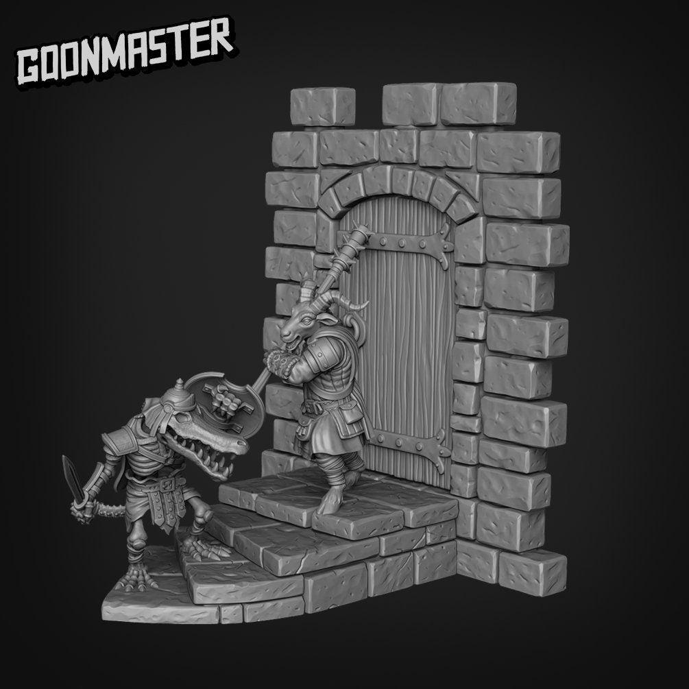 Gruff Goat Diorama Fight Scene - Goonmaster | Wargaming | Roleplaying Games | 32mm | Crocodile Skeleton