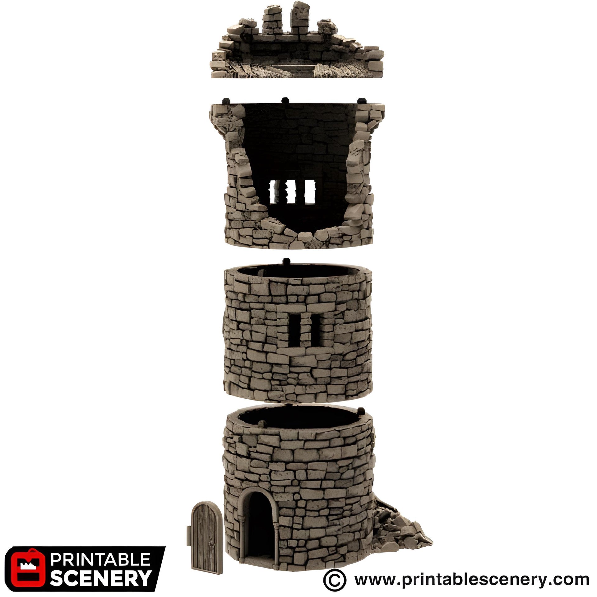 Ruined Kings Round Tower. King and Country, 15mm, 28mm, 32mm - Printable Scenery | 28mm and 32mm | Wargaming | DnD | Tabletop Roleplaying