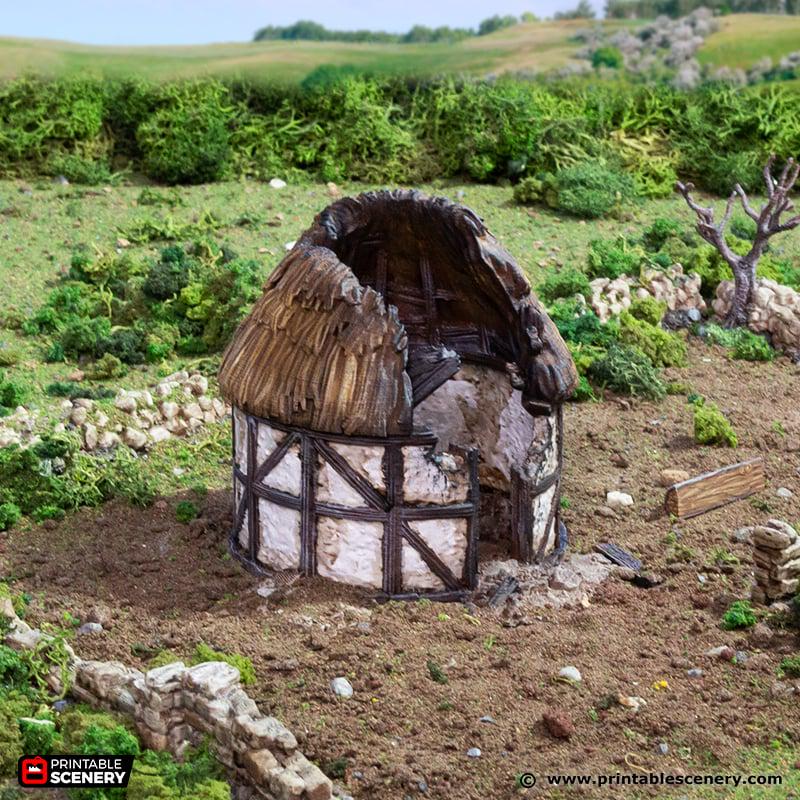 Ruined Small Round House. King and Country, 15mm, 28mm, 32mm - Printable Scenery | 28mm and 32mm | Wargaming | DnD | Tabletop Roleplaying
