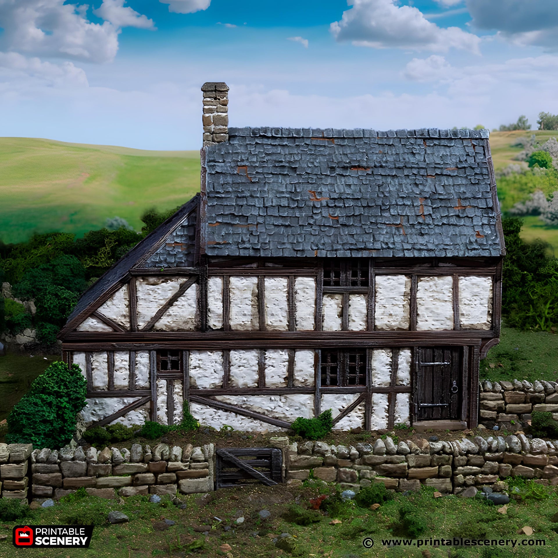 Wattle and Daub Hollyhock Cottage. King and Country, 15mm, 28mm, 32mm - Printable Scenery