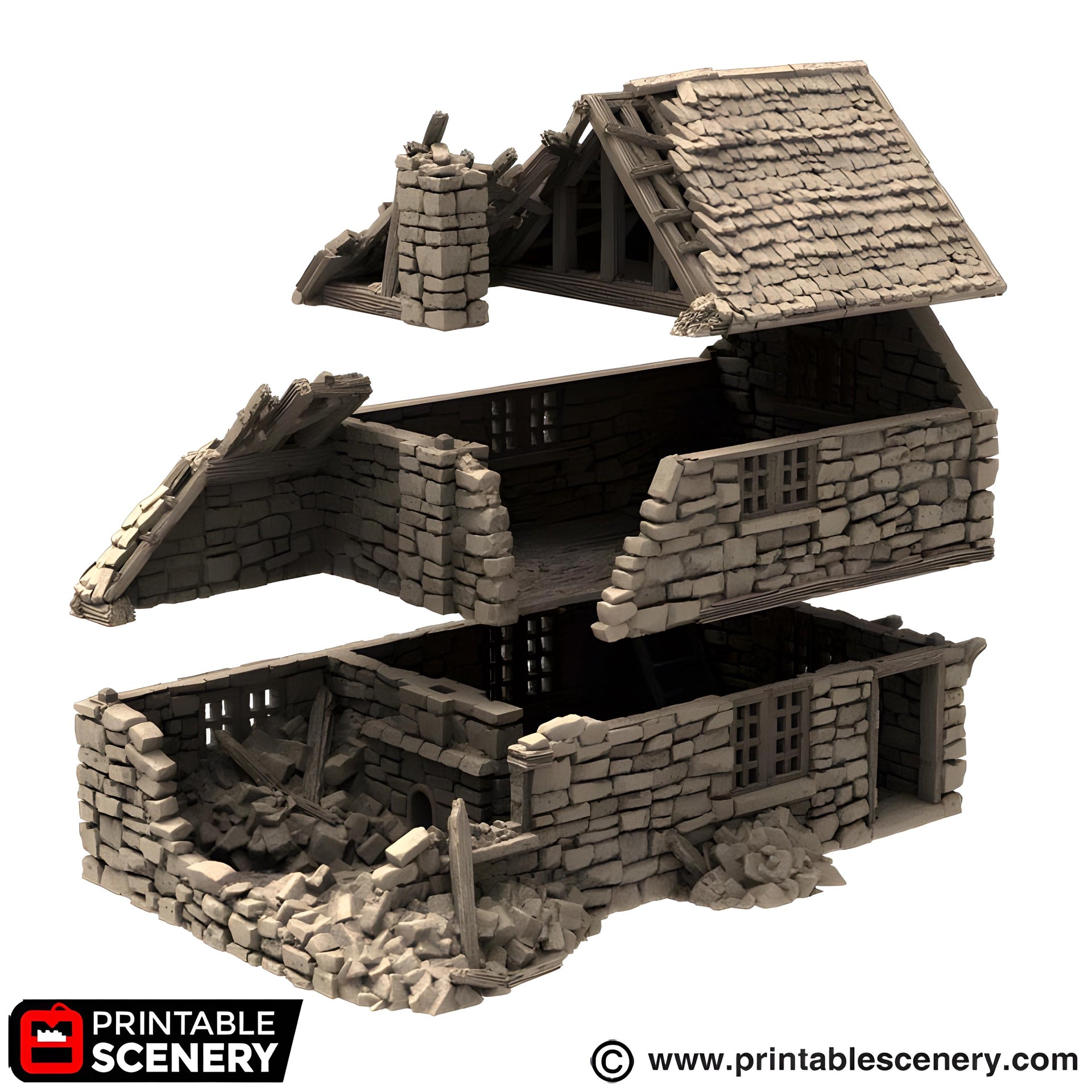 Ruined Hollyhock Cottage. King and Country, 15mm, 28mm, 32mm - Printable Scenery | 28mm and 32mm | Wargaming | DnD | Tabletop Roleplaying